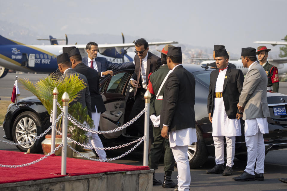 Qatar's Emir Sheikh Tamim bin Hamad Al arrives at Tribhuvan international airport in Kathmandu, Nepal, Tuesday, April 23, 2024. The emir is on a two-days visit to the Himalayan nation. (AP Photo/Niranjan Shreshta)