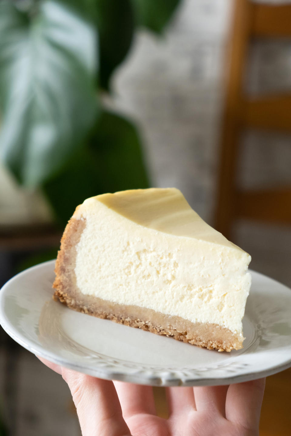 A person holding a plate with a slice of cheesecake, indoors