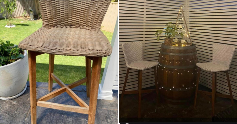 Before picture of a wicker and timber bar stool and after with two refurbished stools, painted white, around a wine barrel which has been stained and strung with lights. It has a pretty decoration and plant on top and sits against white louvres.