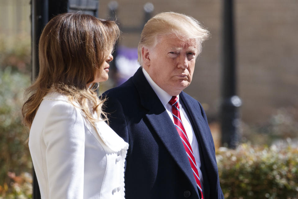 President Donald Trump and first lady Melania Trump walk to their motorcade after attending service at Saint John's Church in Washington, Sunday, March 17, 2019 (AP Photo/Carolyn Kaster)