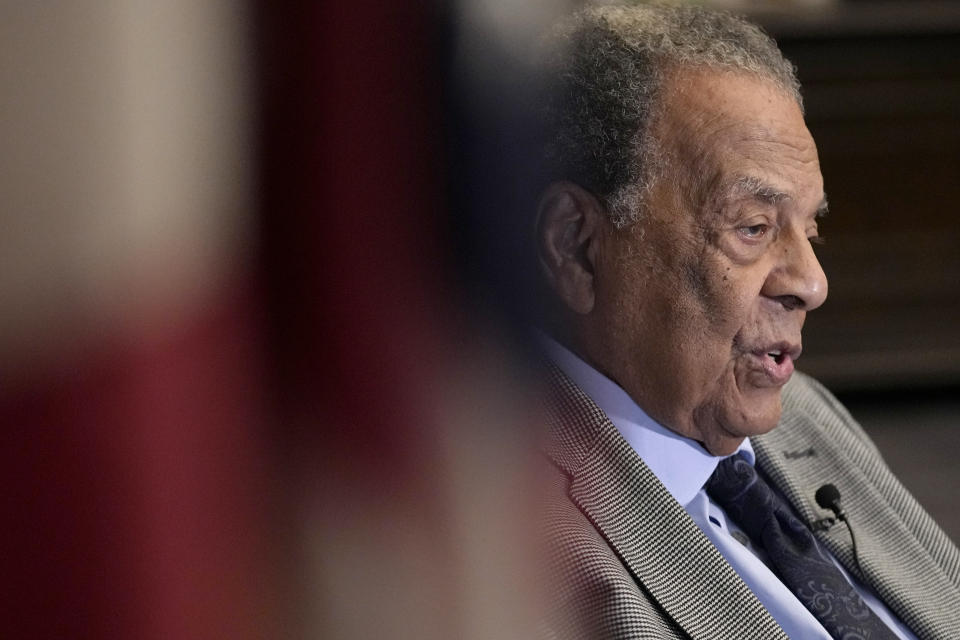 Civil Rights icon Andrew Young speaks during an interview with The Associated Press, May 18, 2023, in Atlanta. Young, one of the last surviving members of Martin Luther King Jr.'s inner circle, recalled the journey to the signing of the Voting Rights Act as an arduous one, often marked by violence and bloodshed.(AP Photo/Brynn Anderson)