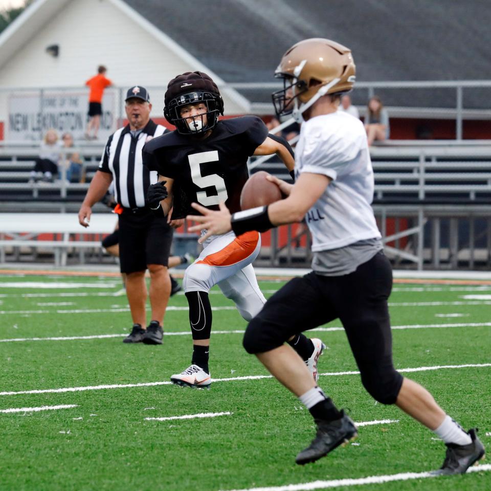 New Lexington sophomore linebacker Harrison Ratliff chases down a River View player during an Ohio High School football scrimmage on Aug. 5, 2023, at Jim Rockwell Stadium in New Lexington.