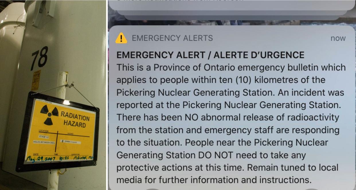 A photo taken at the Pickering B Nuclear Generating Station; A screenshot of the emergency push notification accidentally sent to Canadians.