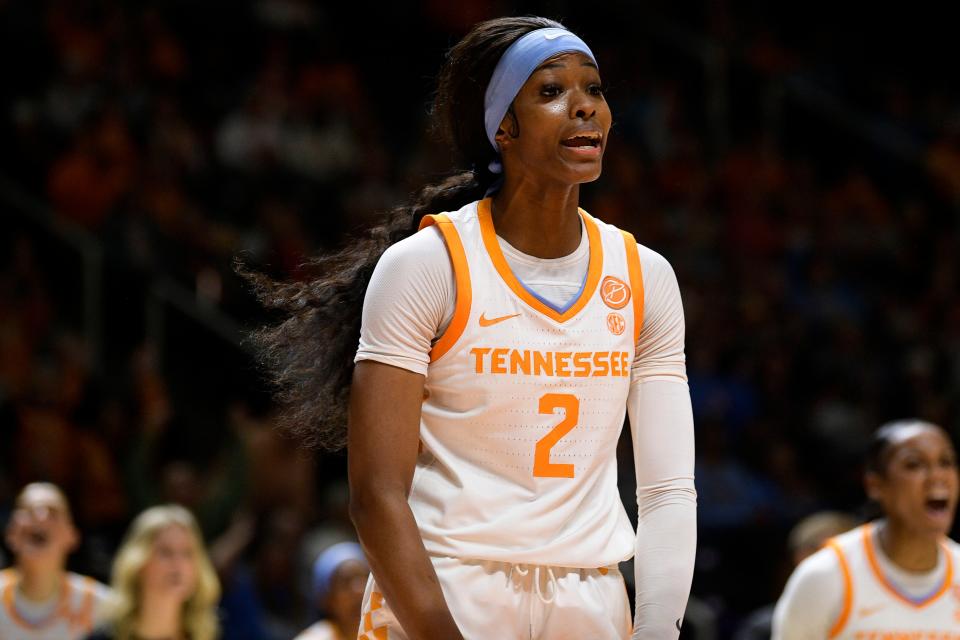 Tennessee forward Rickea Jackson (2) reacts to a play during a basketball game at Thompson-Boling Arena in Knoxville, Tenn., on Thursday, Feb. 2, 2023.