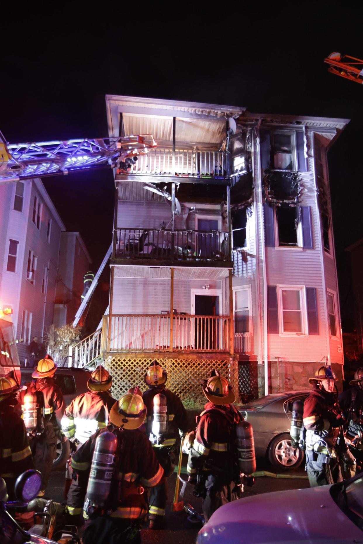 The fire damaged the upper floors of a three-decker residence on Moen Street in Worcester early Monday.