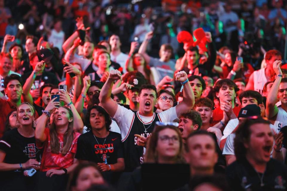 Basketball fans show their support before the start of the Men’s Basketball Championship National Semifinal between Florida Atlantic Owls against the San Diego State Aztecs at NRG Stadium in Houston, Texas on Saturday, April 1, 2023.