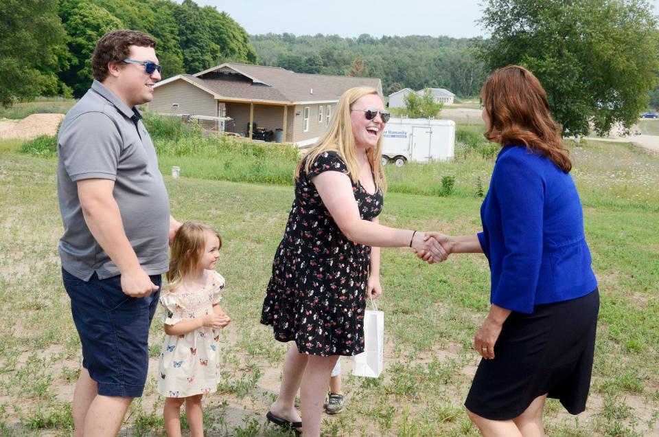 Gov. Gretchen Whitmer meets the VanSloten family on Tuesday, Aug. 1, 2023. The VanSlotens were the first family to move into the Meadowlands development through Habitat for Humanity.