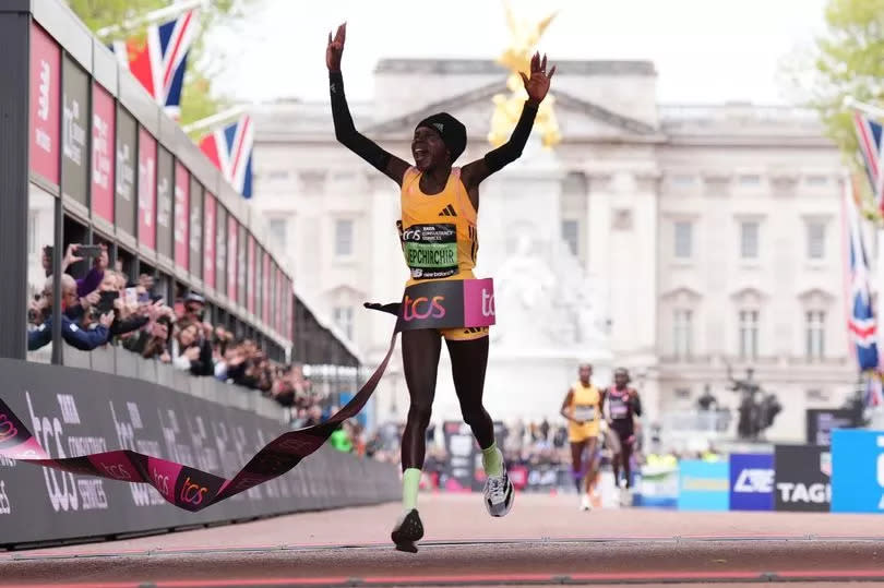 Olympic champion Peres Jepchirchir, from Kenya, crosses the finish line beating the women's-only world record and winning the TCS London Marathon in two hours, 16 minutes and 16 seconds