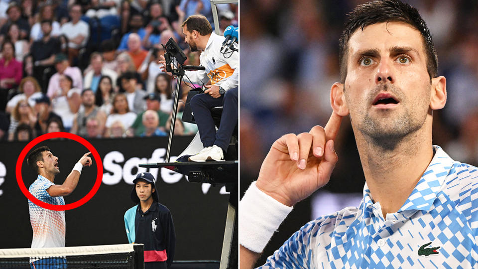 Novak Djokovic is circled in red speaking to the chair umpire in the left shot, and gesturing to the crowd in the right hand shot.