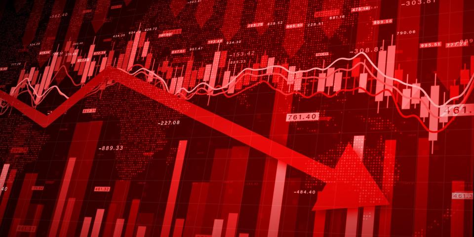 A graph of stocks with a red arrow going downward.