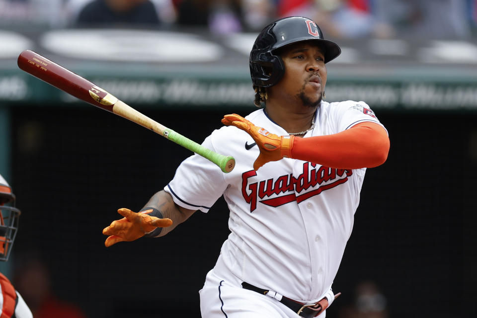 Cleveland Guardians' Jose Ramirez watches his double off Baltimore Orioles starting pitcher Kyle Gibson during the fourth inning of a baseball game, Sunday, Sept. 24, 2023, in Cleveland. (AP Photo/Ron Schwane)