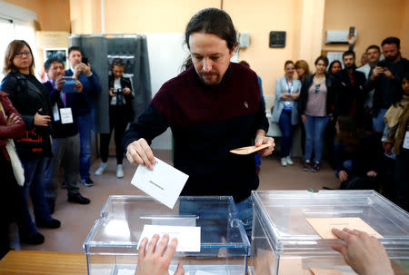 Unidas Podemos' (Together We Can) candidate Pablo Iglesias casts his vote during Spain's general election in Galapagar, Spain, April 28, 2019. REUTERS/Juan Medina