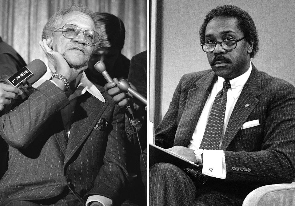 Comedian Redd Foxx, left, speaks to journalists about the reasons he left the top-rated sitcom "Sanford & Son" on March 14, 1974, in New York, while actor Demond Wilson participates in a CBS "Face the Nation" discussion on school prayer on May 5, 1984, in Washington.