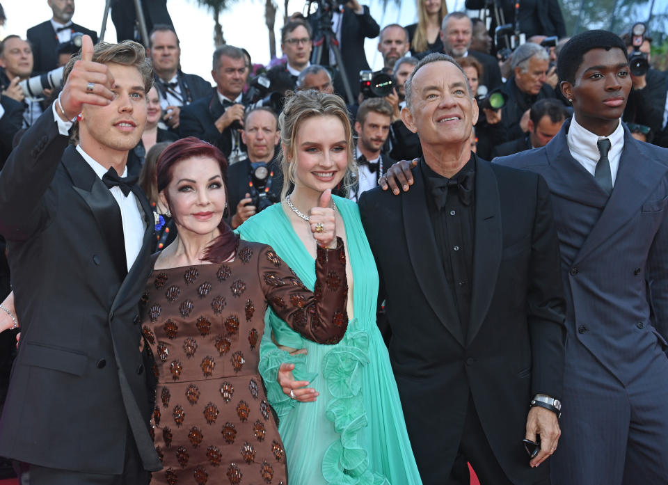 (Left-right) Austin Butler, Priscilla Presley, Olivia DeJonge, Tom Hanks and Alton Mason attend the Elvis premiere during during the 75th Cannes Film Festival in Cannes, France. Picture date: Wednesday May 25, 2022.