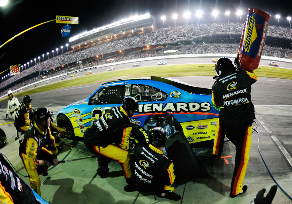 DAYTONA BEACH, FL - FEBRUARY 27: Paul Menard, driver of the #27 Peak/Menards Chevrolet, pits during the NASCAR Sprint Cup Series Daytona 500 at Daytona International Speedway on February 27, 2012 in Daytona Beach, Florida. (Photo by Jared C. Tilton/Getty Images for NASCAR)