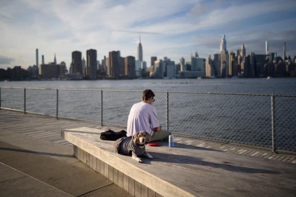 A man and his faithful dog sit and gaze at the Manhattan skyline in New York (AFP via Getty Images)