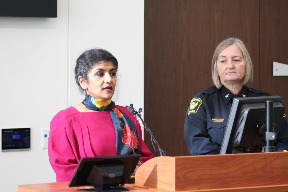 Hamilton County Coroner Dr. Lakshmi Sammarco and Cincinnati Police Chief Teresa Theetge speaking to reporters during a press conference Tuesday, Nov. 7, 2023, about a woman whose remains were found dismembered in North Fairmount.