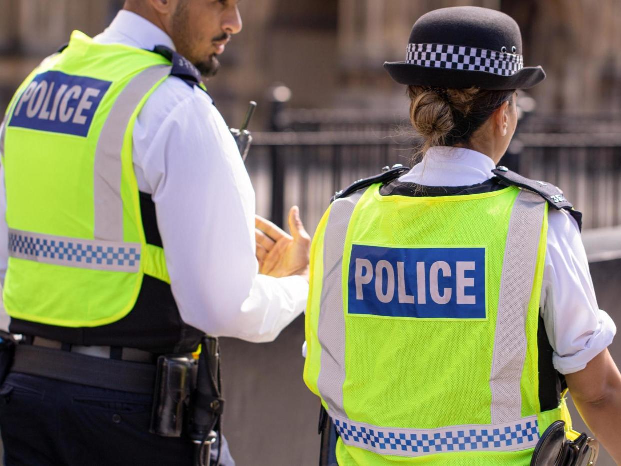 Male and female Asian metropolitan police officers patrol the crowds of tourists in Westminster, London: Getty Images