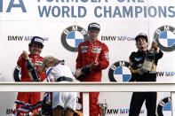 Lauda celebrates his victory on the podium after winning the Dutch Formula One Grand Prix on August 25, 1985. (Photo by DOMINIQUE FAGET/AFP/Getty Images)