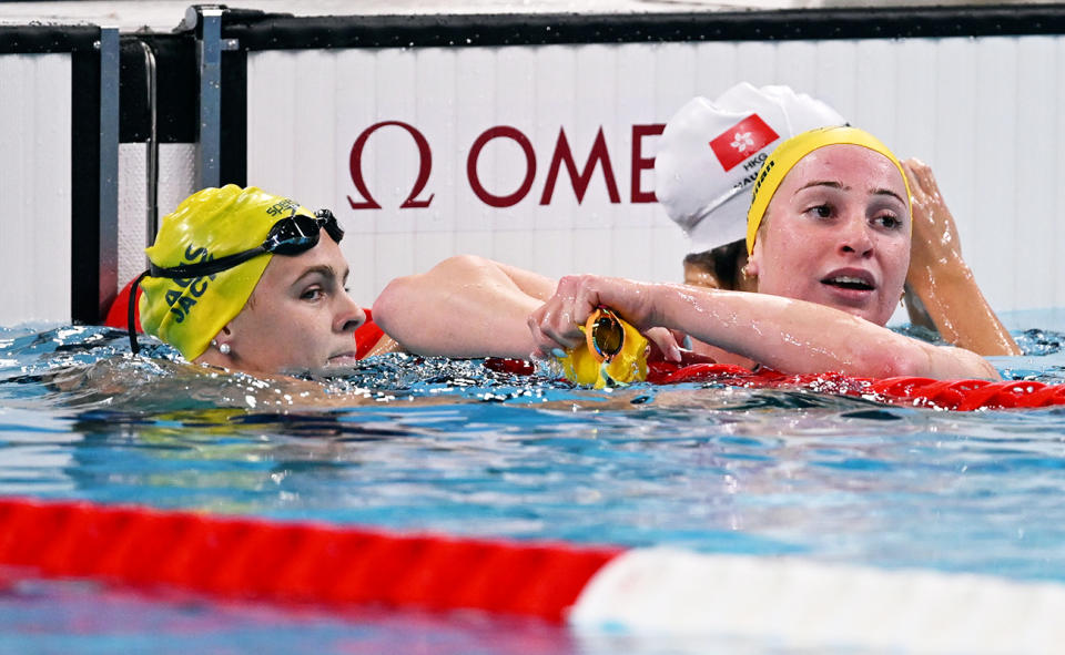 Shayna Jack and Mollie O'Callaghan after the 100m freestyle final.