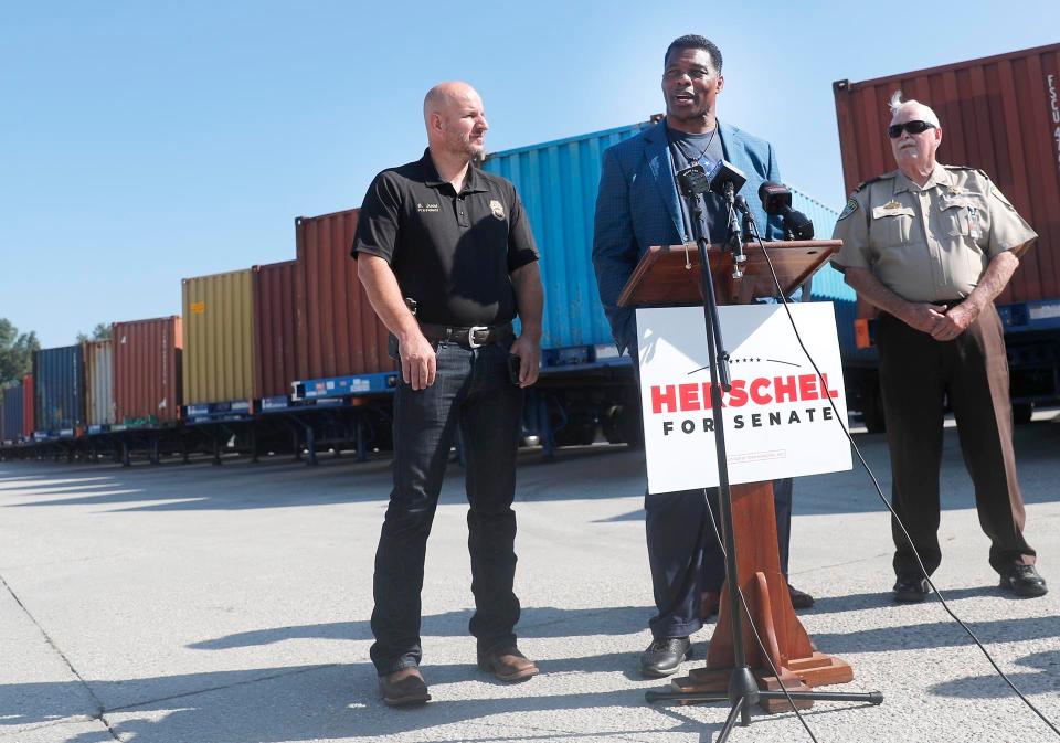 Herschel Walker, Republican candidate for Georgia Senate, speaks during a press conference on Friday September 16, 2022 in Port Wentworth, Georgia.