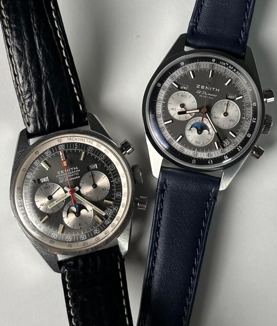 A vintage Zenith (left) and the new piece it inspired (right).