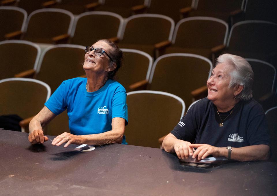 Director Joanne DePrizio, left, and stage manager Victoria Goulet watch rehearsals for Guys and Dolls at the Lake Worth Playhouse on January 18, 2023. 