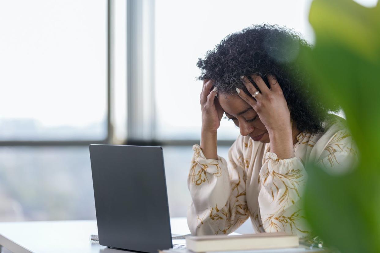 <span class="caption">Only about one in five principals and teachers in U.S. public schools are educators of color.</span> <span class="attribution"><a class="link " href="https://www.gettyimages.com/detail/photo/mature-woman-holds-head-in-hands-while-sitting-at-royalty-free-image/1207514130?adppopup=true" rel="nofollow noopener" target="_blank" data-ylk="slk:SDI Productions/E+ via Getty Images;elm:context_link;itc:0;sec:content-canvas">SDI Productions/E+ via Getty Images</a></span>