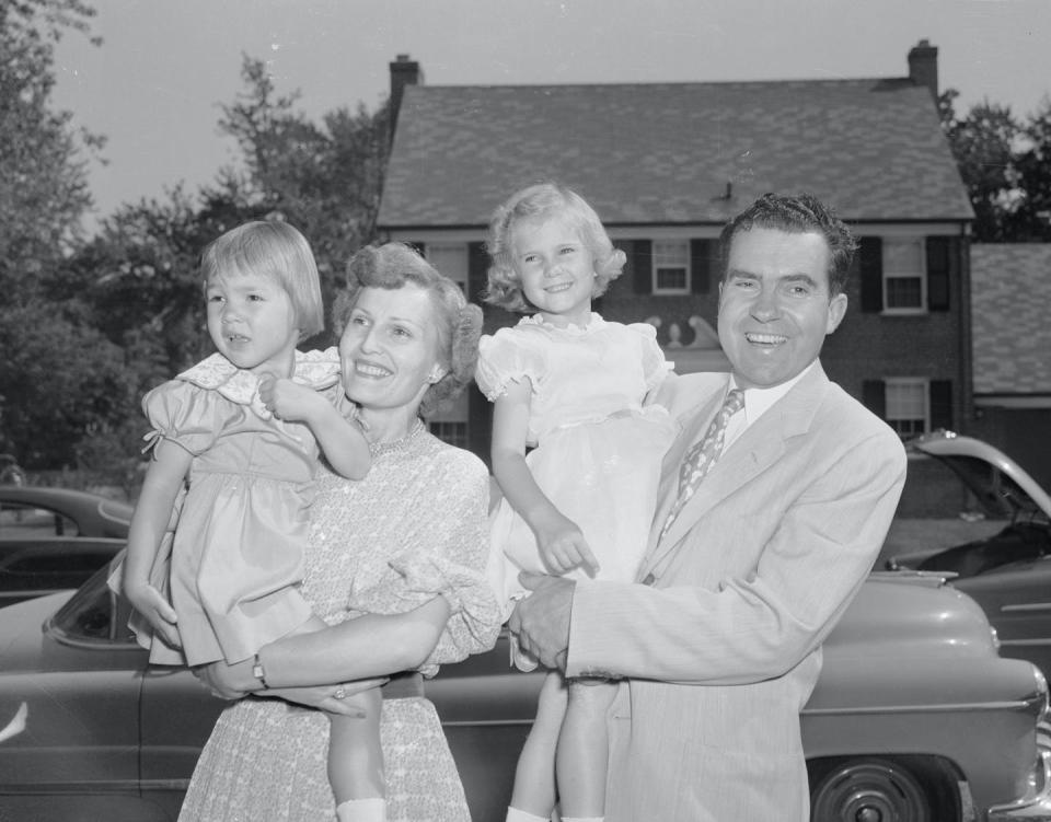 <span class="caption">The family of Richard and Pat Nixon, after he got the GOP nomination for president in 1960.</span> <span class="attribution"><a class="link " href="https://www.gettyimages.com/detail/news-photo/senator-richard-m-nixon-poses-here-with-his-wife-and-two-news-photo/514950272?adppopup=true" rel="nofollow noopener" target="_blank" data-ylk="slk:Bettmann/Getty Images;elm:context_link;itc:0;sec:content-canvas">Bettmann/Getty Images</a></span>