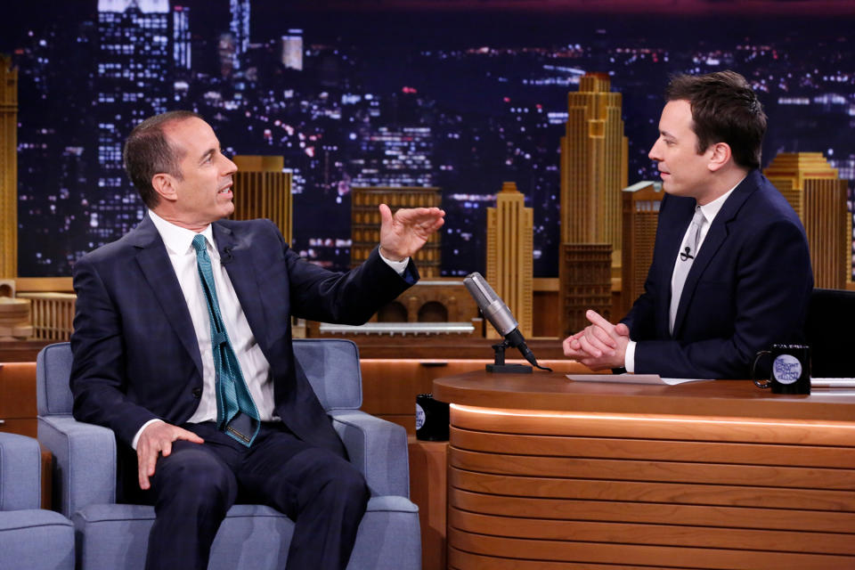 THE TONIGHT SHOW STARRING JIMMY FALLON -- Episode 0002 -- Pictured: (l-r) Comedian Jerry Seinfeld during an interview with host Jimmy Fallon on February 18, 2014 -- (Photo by: Lloyd Bishop/NBCU Photo Bank/NBCUniversal via Getty Images via Getty Images)