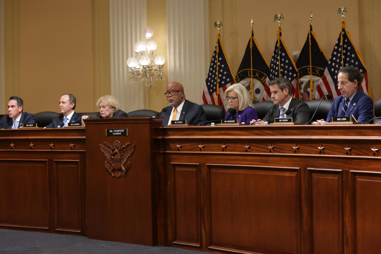 Rep. Bennie Thompson, D-Miss., center, chair of the select committee investigating the Jan. 6 attack on the Capitol, speaks as, from left, Reps. Pete Aguilar, D-Calif., Adam Schiff, D-Calif., Zoe Lofgren, D-Calif., Liz Cheney, R-Wyo., Adam Kinzinger, R-Ill., and Jamie Raskin, D-Md., listen during a committee meeting. 