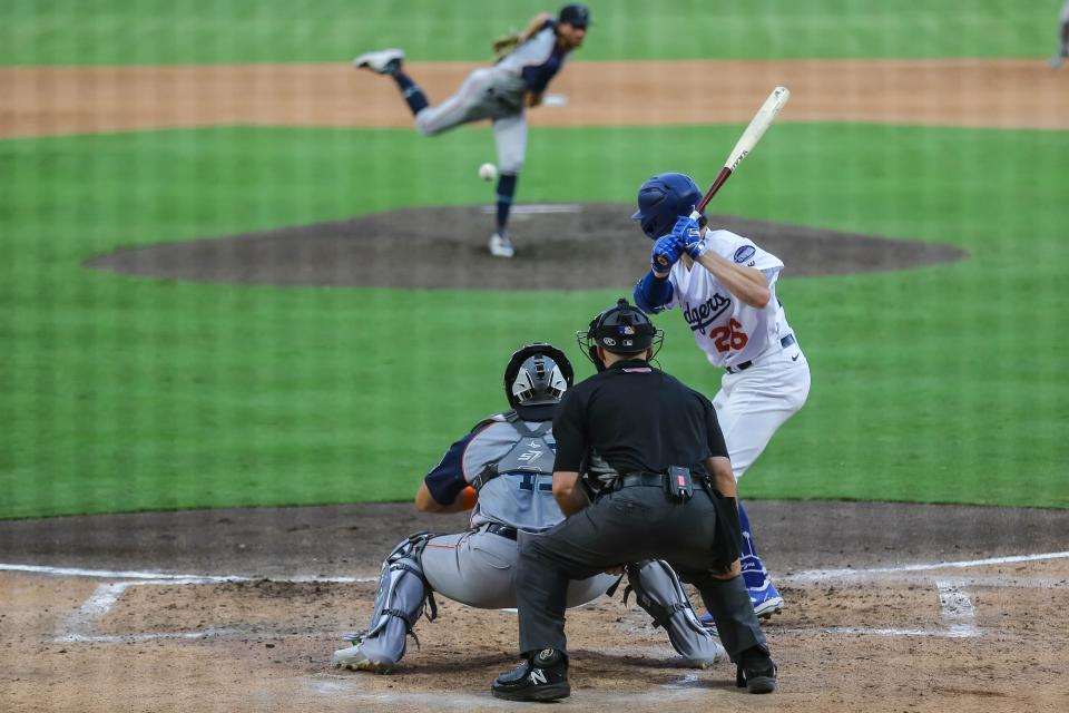 Hunter Feduccia of the Oklahoma City Dodgers stands in the batter's box during a game against the Sugar Land Space Cowboys at Chickasaw Bricktown Ballpark on July 27.
