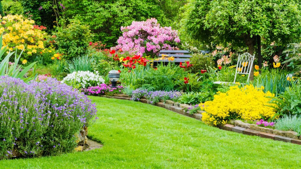 Jardín con césped y flores