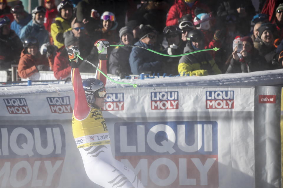 Germany's Thomas Dressen reacts in the finish area following his run in the men's World Cup downhill ski race in Lake Louise, Alberta, Canada, on Saturday, Nov. 30, 2019. (Jeff McIntosh/The Canadian Press via AP)