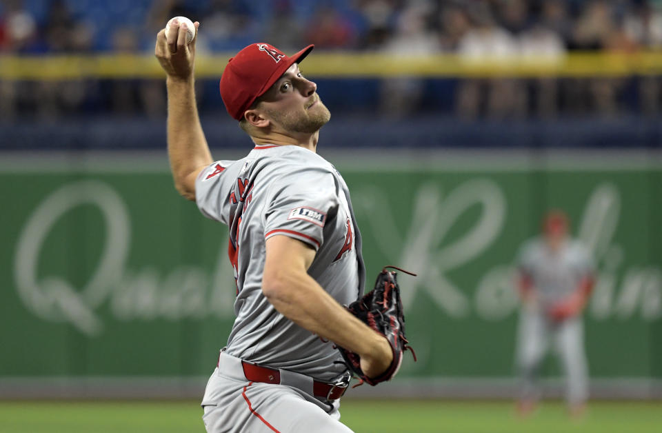 Los Angeles Angels starter Reid Detmers pitches to a Tampa Bay Rays batter during the first inning of a baseball game Wednesday, April 17, 2024, in St. Petersburg, Fla. (AP Photo/Steve Nesius)