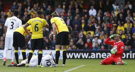 Britain Soccer Football - Watford v Swansea City - Premier League - Vicarage Road - 15/4/17 Swansea City's Borja Baston and Watford's Heurelho Gomes after sustaining injuries Reuters / Peter Nicholls Livepic