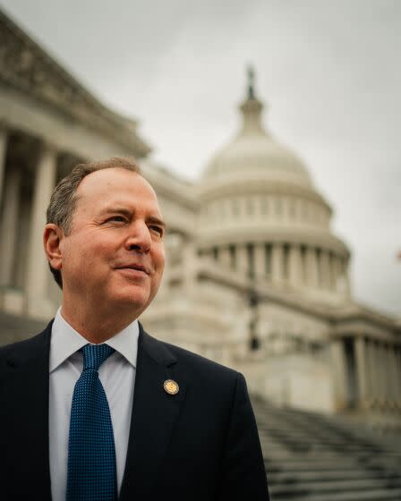 WASHINGTON, DC - JUNE 21: Rep. Adam Schiff (D-CA) gaggles with reporters as he walks down the steps of the House of Representatives at the U.S. Capitol on Wednesday, June 21, 2023 in Washington, DC. The House GOP defeated Democrats' attempt to block a public reprimand of Rep. Adam Schiff, clearing the way for Republicans to censure the California Democrat. (Kent Nishimura / Los Angeles Times)