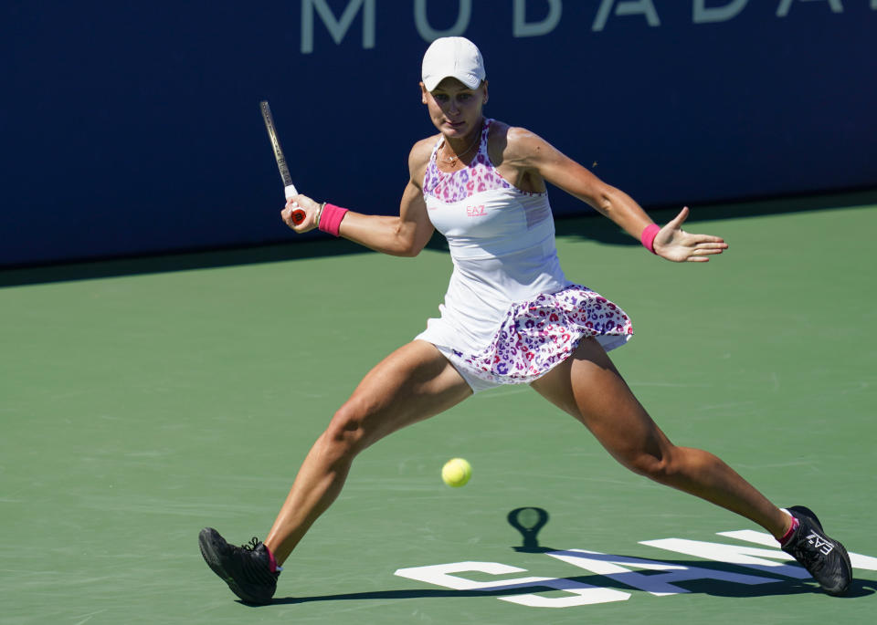 Veronika Kudermetova, of Russia, prepares to hit a forehand to Shelby Rogers, of the United States, at the Mubadala Silicon Valley Classic tennis tournament in San Jose, Calif., Saturday, Aug. 6, 2022. (AP Photo/Godofredo A. Vásquez)