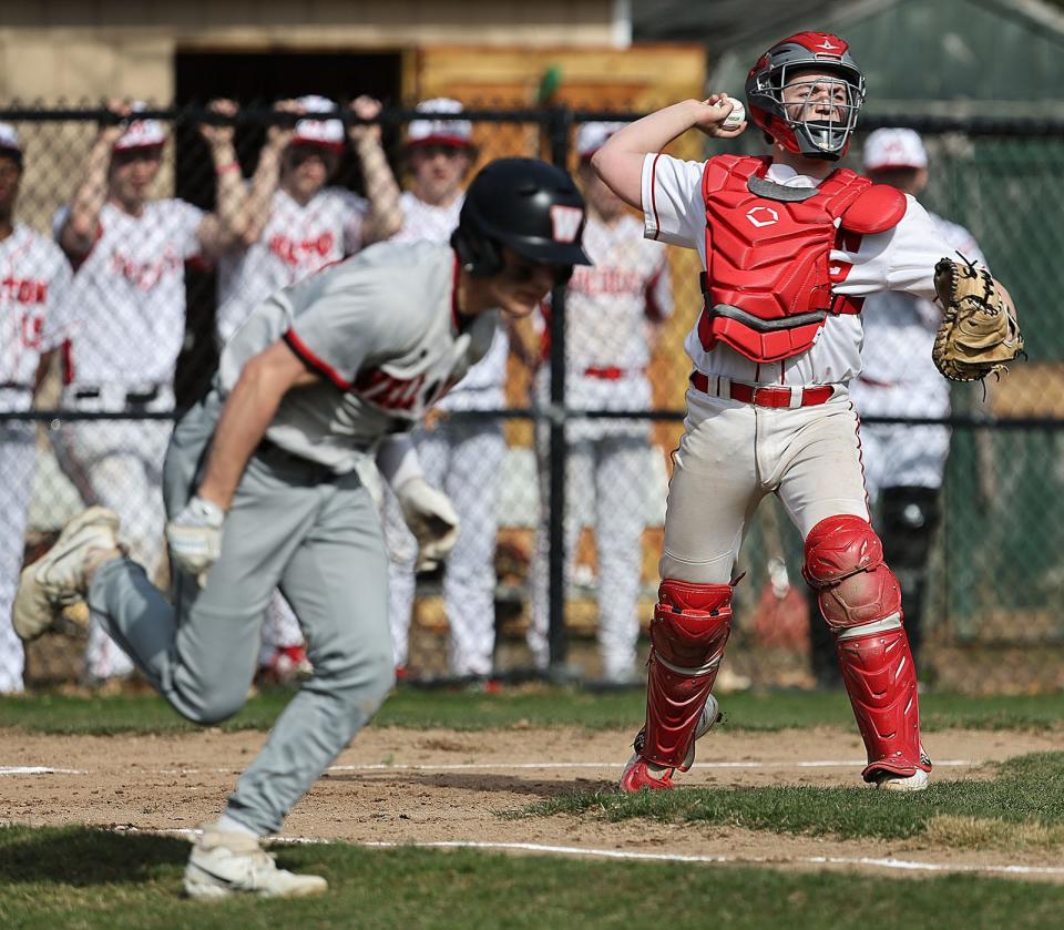 Catcher Nick Antoniewicz throws out a Wellesley player on a third strike foul tip.

Milton baseball hosts Wellesley at Cunningham Field on Monday April 8, 2024