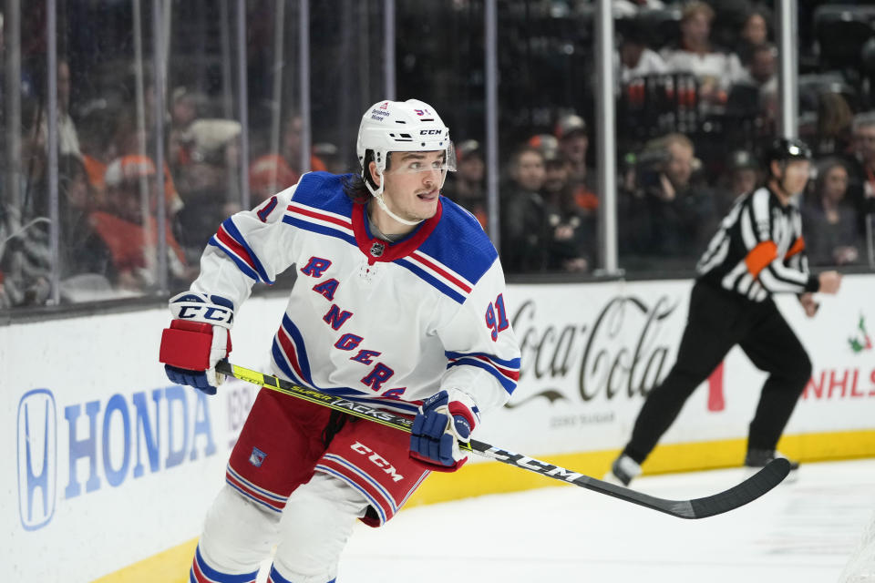 FILE - New York Rangers' Sammy Blais skates during the second period of an NHL hockey game against the Anaheim Ducks Wednesday, Nov. 23, 2022, in Anaheim, Calif. The New York Rangers have acquired Vladimir Tarasenko and depth defenseman Niko Mikkola from the Blues, in a deal that sent conditional 2023 first- and 2024 fourth-round picks, forward Sammy Blais and prospect Hunter Skinner to St. Louis. (AP Photo/Jae C. Hong, File)