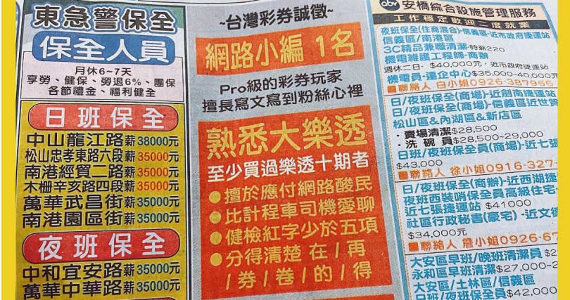 台彩刊登在報紙上的應徵廣告。（圖／翻攝自臉書／台彩樂Now事）