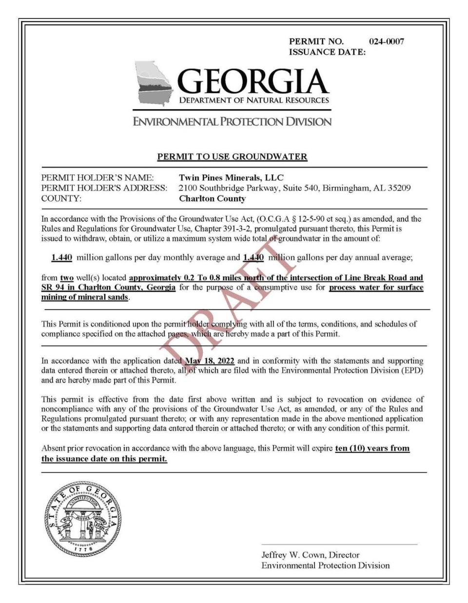 Page 1 of the draft permit to use groundwater from the Georgia Environmental Protection Division Georgia EPD