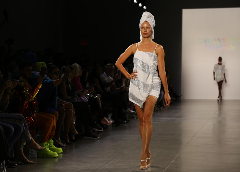 Karolina Kurkova models fashion from the Christian Cowan collection during Fashion Week in New York on Tuesday, Sept. 10, 2019. (AP Photo/Ragan Clark)