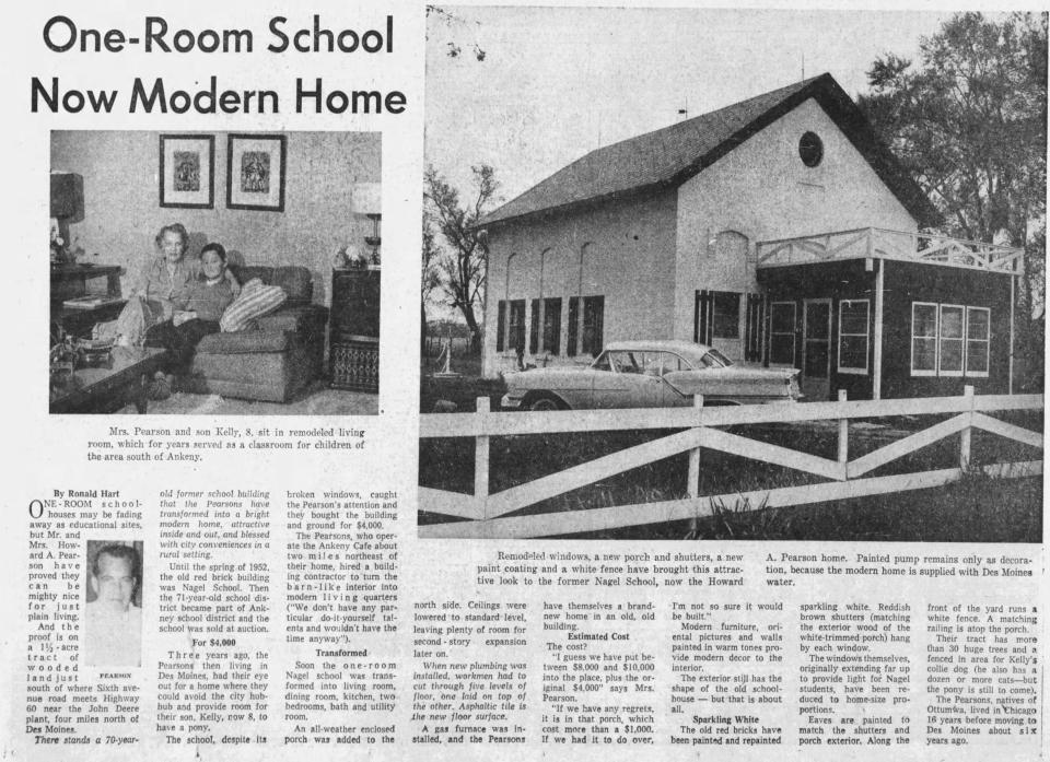 An article in the Des Moines Tribune describes how the Pearson family converted the Nagle schoolhouse into a modern home in the 1950s.
