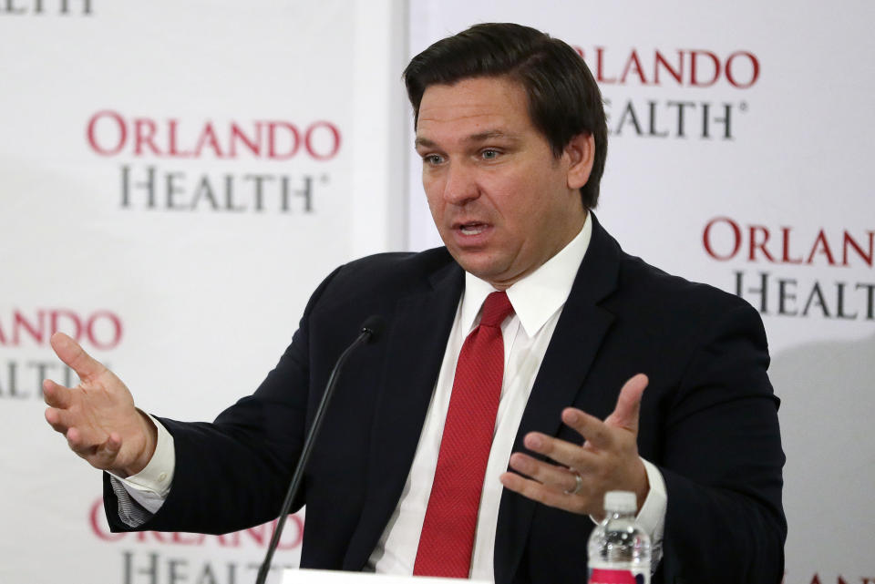 Florida Gov. Ron DeSantis speaks at a news conference at Orlando Regional Medical Center Tuesday, June 23, 2020, in Orlando, Fla. DeSantis spoke about Florida's caseload of coronavirus topping 100,000. (AP Photo/John Raoux)