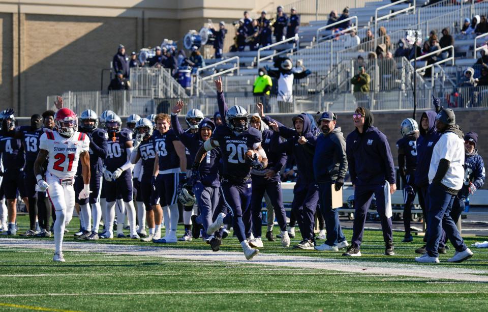 Monmouth running back Jaden Shirden head to the end zone on a 64-yard TD run against Stony Brook on Nov. 19, 2022 in West Long Branch, N.J.