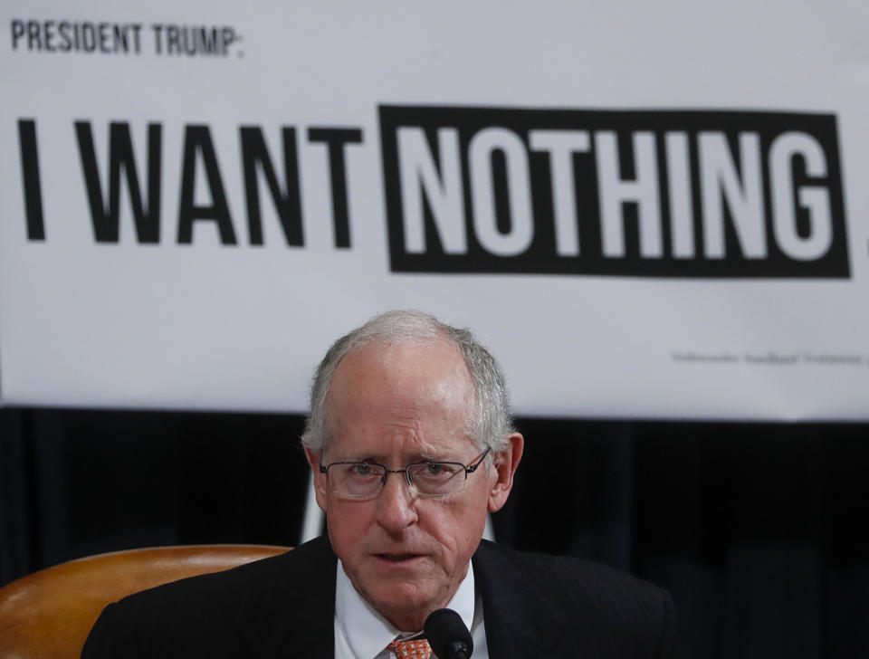 Rep. Mike Conaway, R-Texas, questions U.S. Ambassador to the European Union Gordon Sondland before the House Intelligence Committee on Capitol Hill in Washington, Wednesday, Nov. 20, 2019, during a public impeachment hearing of President Donald Trump's efforts to tie U.S. aid for Ukraine to investigations of his political opponents. (Yara Nardi/Pool Photo via AP)