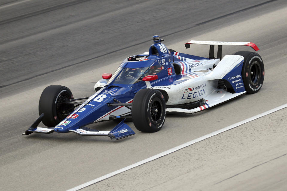 FILE - Tony Kanaan competes during an IndyCar Series auto race at Texas Motor Speedway in Fort Worth, Texas, in this Sunday, May 2, 2021, file photo. With nine career starts at Gateway, Kanaan has the most experience at the track of any driver in the field. (AP Photo/Richard W. Rodriguez, File)