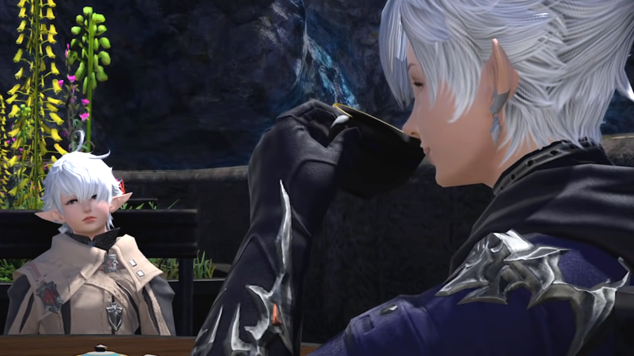  An image of Alphinaud and Alisaie sitting together at a table. Alphinaud, a studious young elezen, takes a sip of his tea while Alisaie sulks into her chair. 