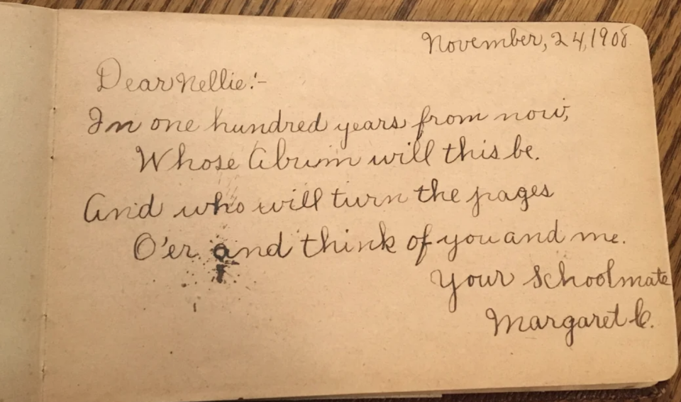 The image shows a handwritten note dated November 24, 1906, addressed to "Nellie" from "Margaret B." It reflects on who will read the book a hundred years later